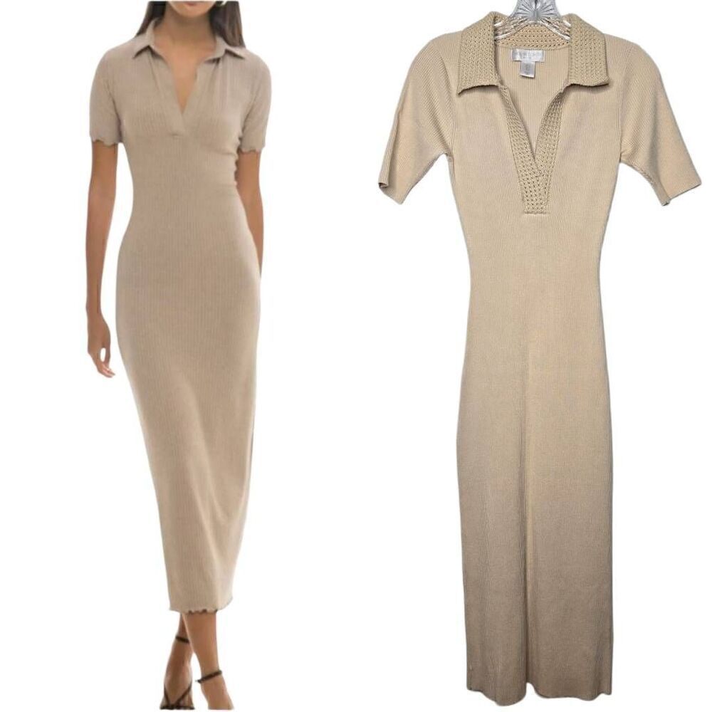 NEW Caroline Constas Ribbed Knit Crochet Collar Midi Dress Size Small